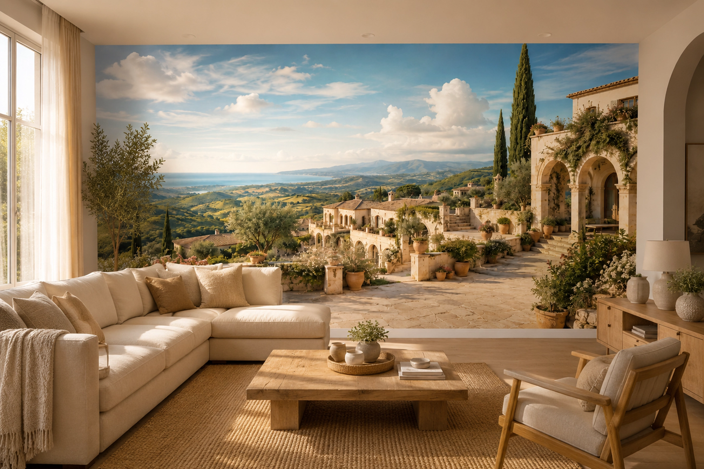 Living decorat cu modelul Mediteranean Scenic Dezeo Decor